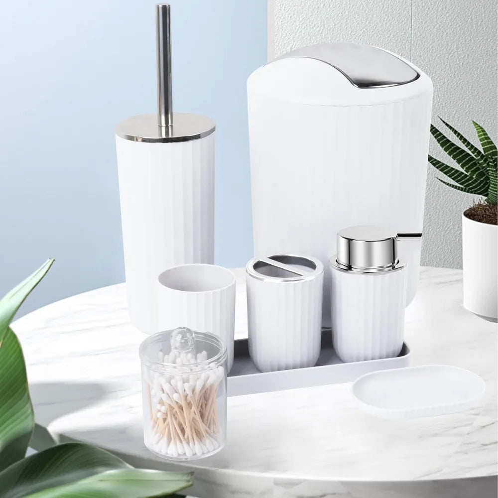 bathroom accessories sets complete, 8 pcs bathroom accessory set with trash can, soap dispenser, soap dish, toothbrush holder,t