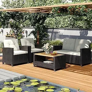 Gray Wicker Outdoor Patio Furniture Set, 4-Piece Conversation Area for Deck, Porch, with Cushioned Sofa Chairs