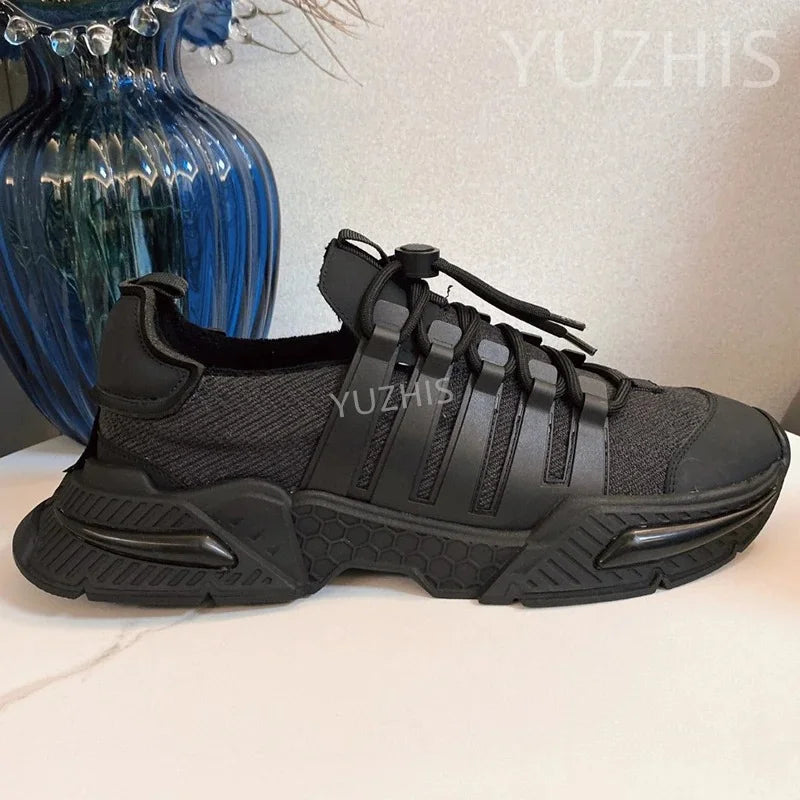 Couple Sneakers Women Lace Up Round Toe Flat Casual Shoes Patchwork Platform Running Shoes Outdoor Sports Shoes Men