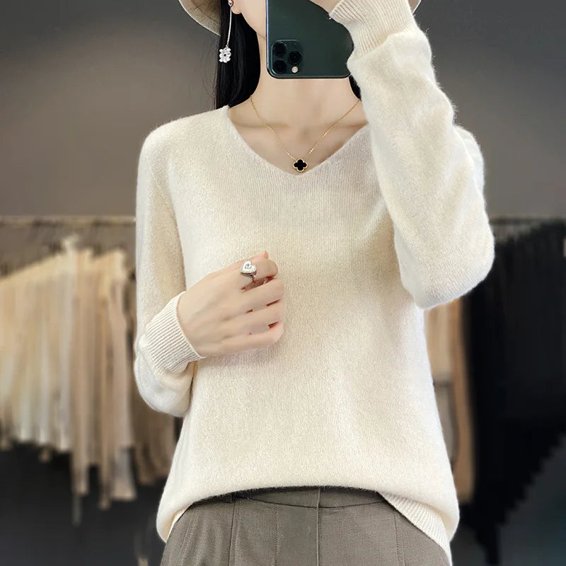 Sweater For Women 100% Merino Wool V Neck Sweater Fall Winter Basic Warm Pullovers Long Sleeve Soft Knit Jumpers Female Clothing