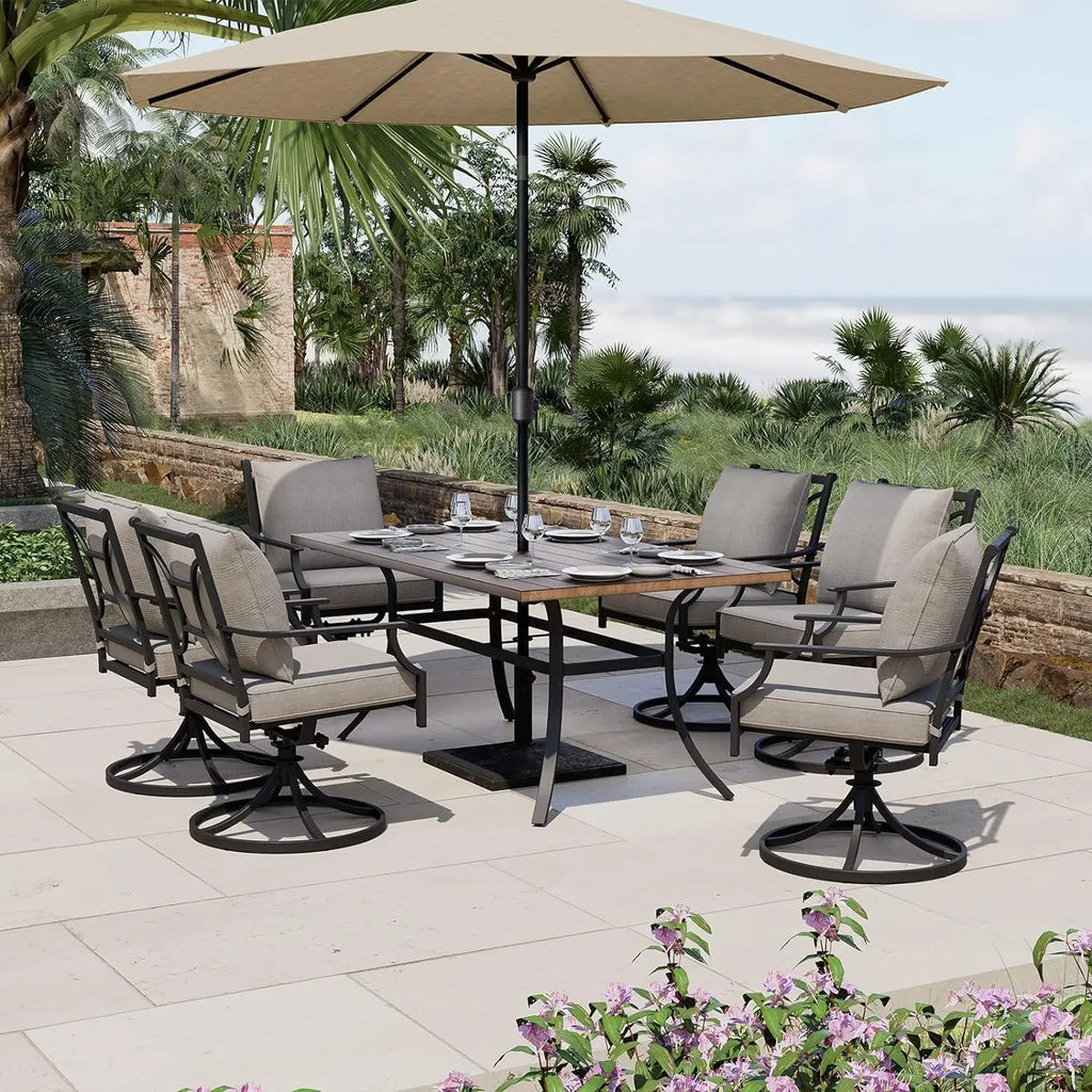 7-Piece Patio Dining Set for 6, Outdoor Swivel Chairs with Olefin Cushions &  Black Rectangular Faux Woodgrain Dining Table