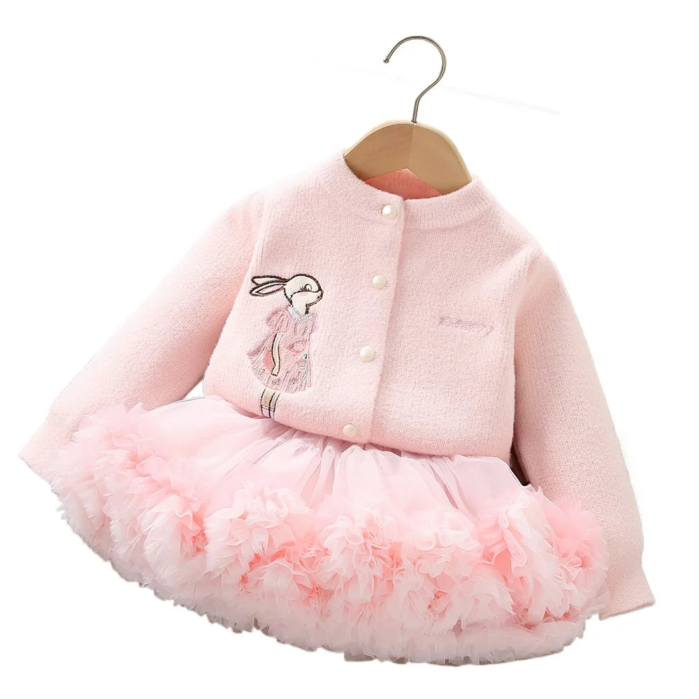 Girl Clothes Set Girls Suits Sweater Cardigan Tutu Tulle Skirt Mesh Ball Gown Baby Toddler Girl Clothing Kids Children Outfit