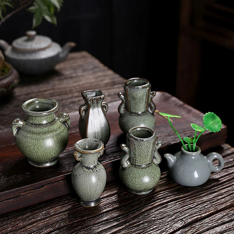 1PC Hydroponics Chinese-style Living Room Decoration Ceramic Small Vase Green Retro Flower Vase Crafts Tabletop Ornament