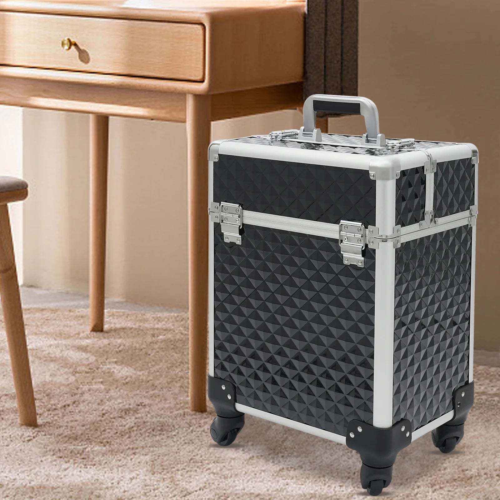 Professional Rolling Makeup Case - Black, Multi-Functional with High Load Capacity suitcase