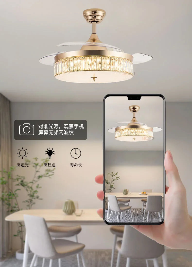 36"/42" Retractable Ceiling Fan Light LED Invisible 3 Color Chandelier Lamp w/Remote Crystal Metal Ceiling Fan Light 92cm/107cm