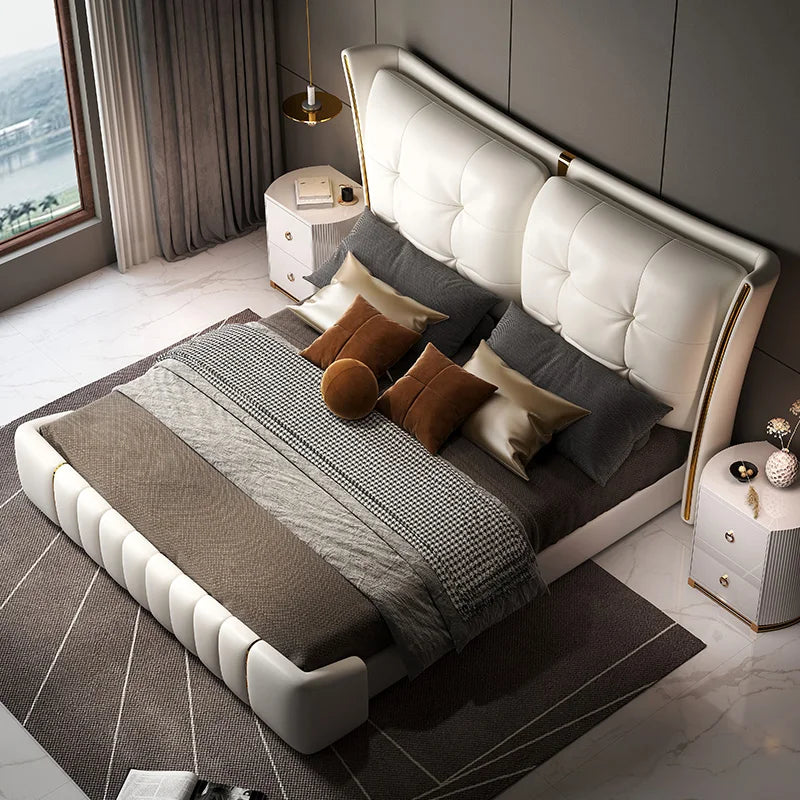 Light Luxury Leather King/Queen Bed Modern Soft Package Bed and Bedside Table for Bedroom Wedding Bed Solid Wood Bed Frame