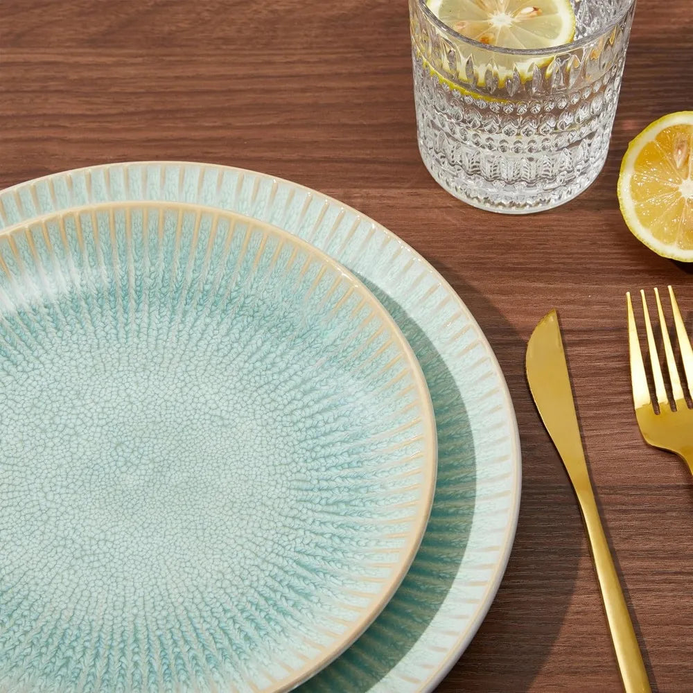 Round Reactive Glazed Stoneware Dinnerware Set, Microwave and Dishwasher Safe Ceramic Plates and Bowls Collection