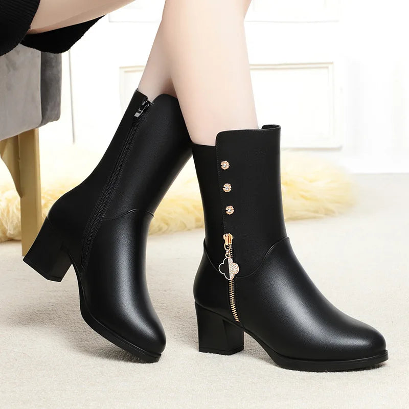 Winter Padded Cotton Shoes Women Plush Soft Leather Long Boot Warm High-heel Fur High Knee Riding Mid-heel Boots Comfortable