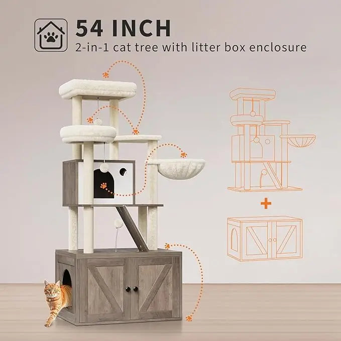 Cat Tree with Litter Box Enclosure 59 Inch Large 2 in 1 Cat Tower Condo with Scratching Post, Dangling Balls