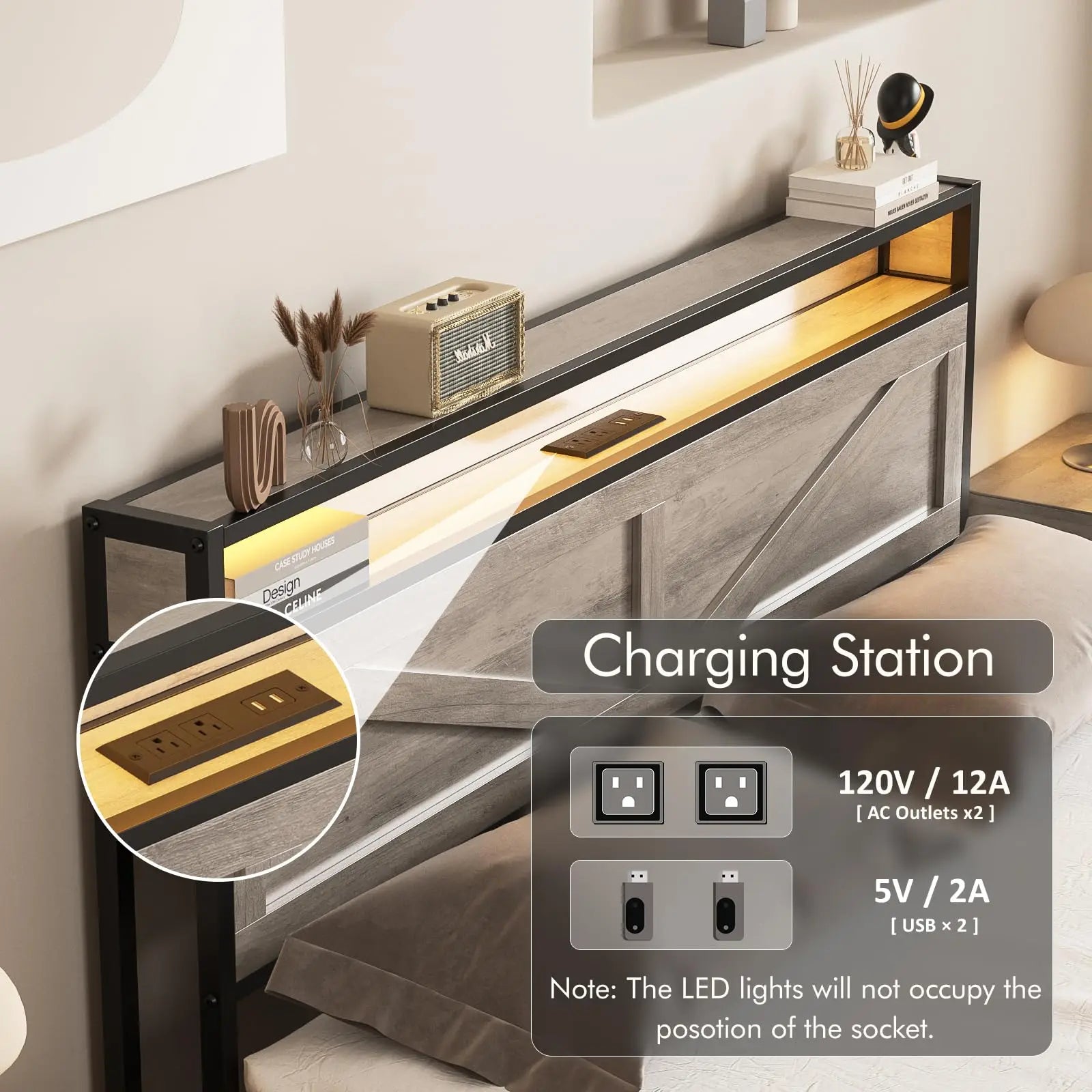 Vabches Queen Size Bed Frame with Headboard&4 Storage Drawers Metal Platform Bed Frame with LED Lights&Power Outlet for Bedroom