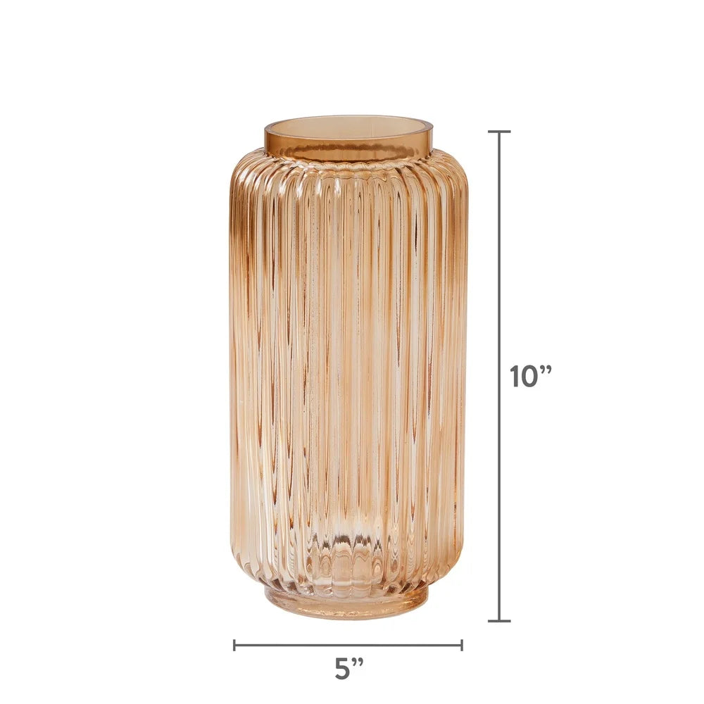 Ribbed Glass Vase Decorative Centerpiece Elegant Indoor Decoration Flower Holder Modern Home Accent 10 Inch Soft Glow