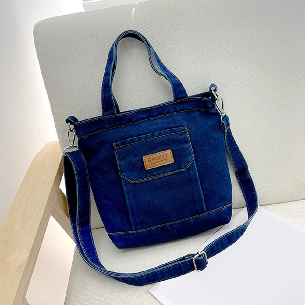 Women Crossbody Bag Denim Shopper Shoulder Handbag Large Capacity Adjustable Straps Zipper Closure for Beach Shopping School