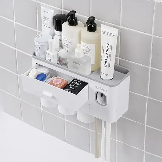 HubiCare Toothbrush Holder with Toothpaste Dispenser Wall Mounted for Bathroom, Automatic Toothpaste Squeezer, Bathroom Organiza