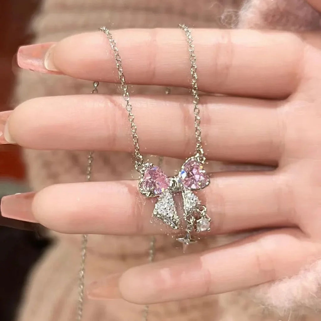 Sweet Pink Bow Necklace Ladies Fashion Sparkling Rhinestone Star Shape Pendant Clavicle Chain Delicate Wedding Accesories