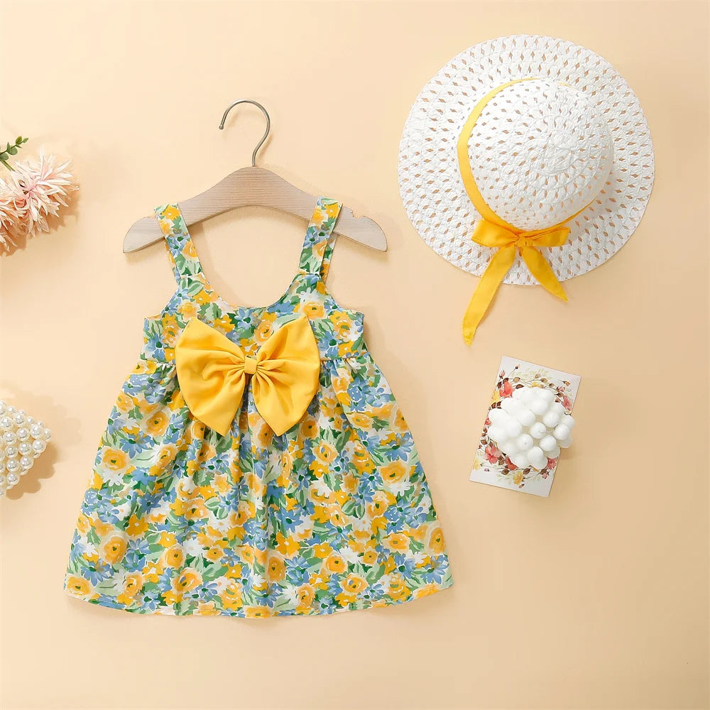 Baby Girl Dresses Summer Floral Cotton Suspender Dresses Cute Bow Girls Dresses Beach Dresses With Hats Baby Clothes Girls