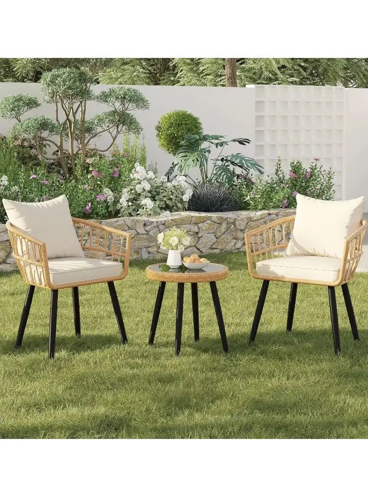 3 Piece Patio Porch Furniture Sets - Outdoor Wicker Chairs Bistro Set w/Cushions & Table for Balcony Lawn Pool Backyard
