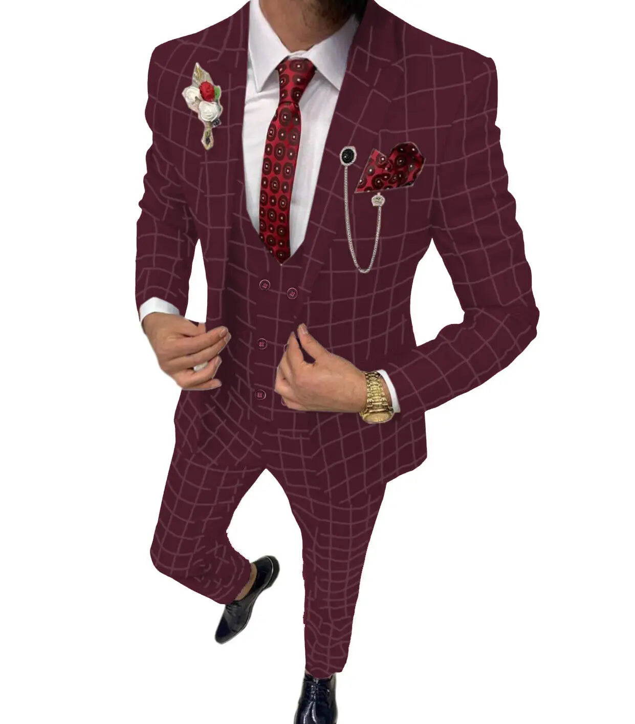 Elegant Men's Suit 3 Pieces Plaid Tuxedos Business Suits Slim Fit Double Breasted for Wedding Business (Blazer+vest+Pants)