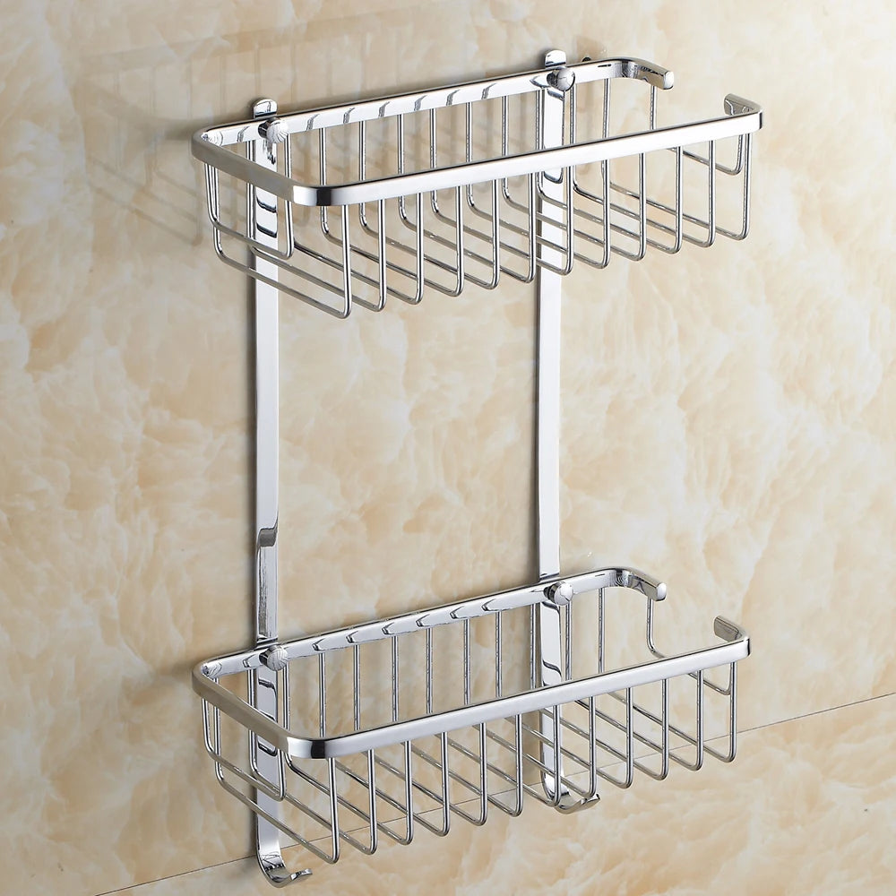 BAKALA Brass Bathroom Shelves With Robe Hook 2-Tier Bathroom Storage Basket Wall Mount Bathroom Shelf BR-6