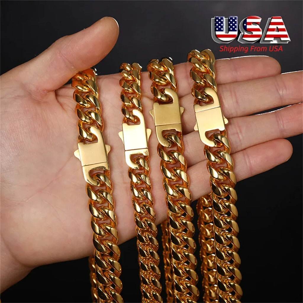 12/14mm Hip Hop Necklace 18K Gold Plated  316L Stainless Steel Cuban Link Chain Bracelet Jewelry For unisex Fashion Jewelry