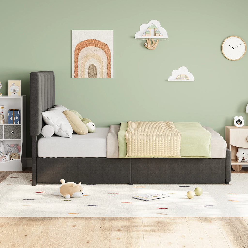 Full Size Bed Frame with Adjustable Headboard and 4 Storage Drawers, Upholstered Platform Bed Frame Wooden Slats Support