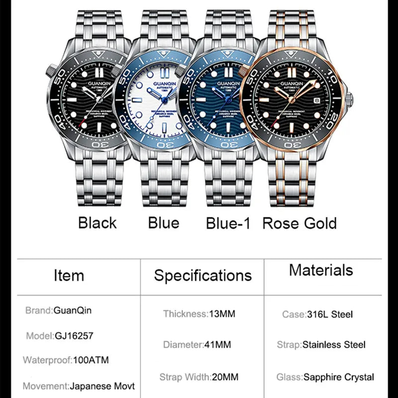 GUANQIN Men's Mechanical Watches Diving Automatic Watch For Men Sapphire glass 100M Waterproof Stainless steel Wrist watch 2023