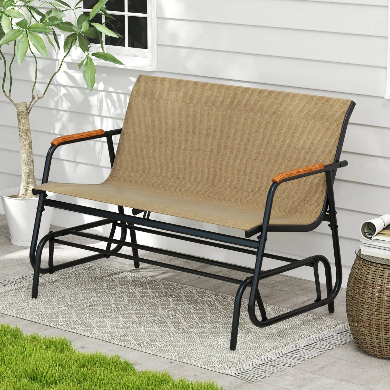 Patio Glider Bench for 2 Swing Gliding Loveseat w/Curved Teak Armrests for Porch