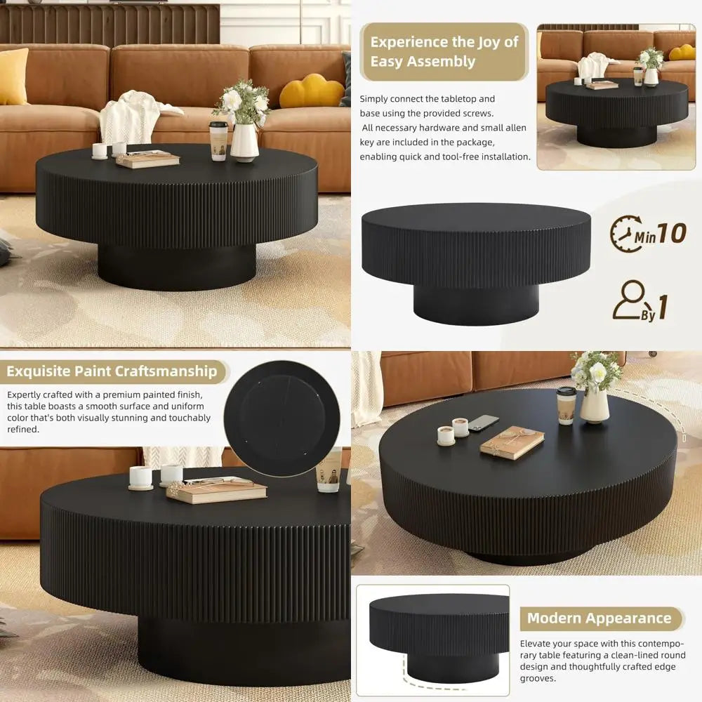 31 inch modern round coffee table with sturdy base, wood center tables for living room reception room, easy assemble, black