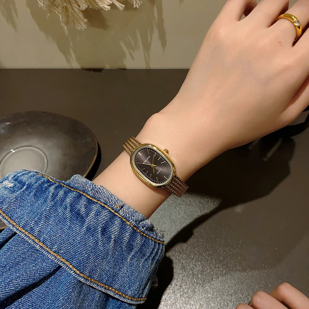 Gold Watches for Women Vintage Bracelet Wrist Watch Luxury Small Ladies Oval Quartz Watch