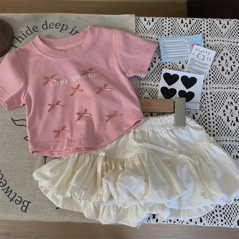 Baby Clothes Set Girls Bow Blouse Suit Children Sweet Top Bud Skirt 2 Pieces Summer New Fashion Short-Sleeved T-Shirt Outfit