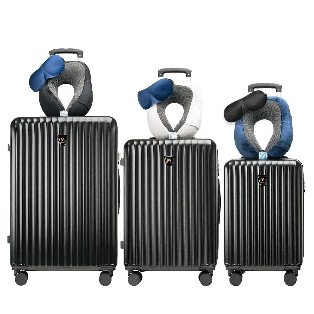 3 Piece ABS Hardshell Luggage Set 20 24 28 Inch Black Double Spinner Wheels with Travel Pillow Set for Business Leisure Vacation
