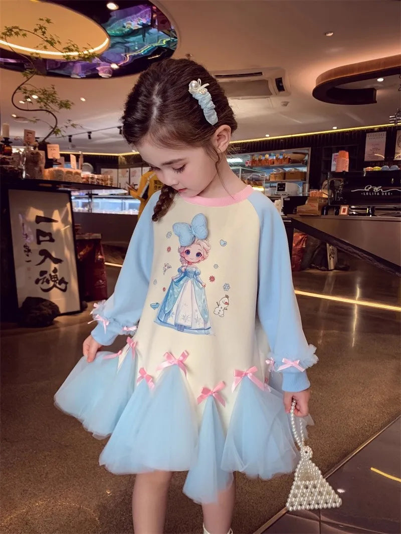 Girl's Fall/Winter Sweatshirt Long Sleeve Princess Elsa Snow White Cartoon Print Tulle Skirt Casual Hoodie Dress 2-12 Years Old