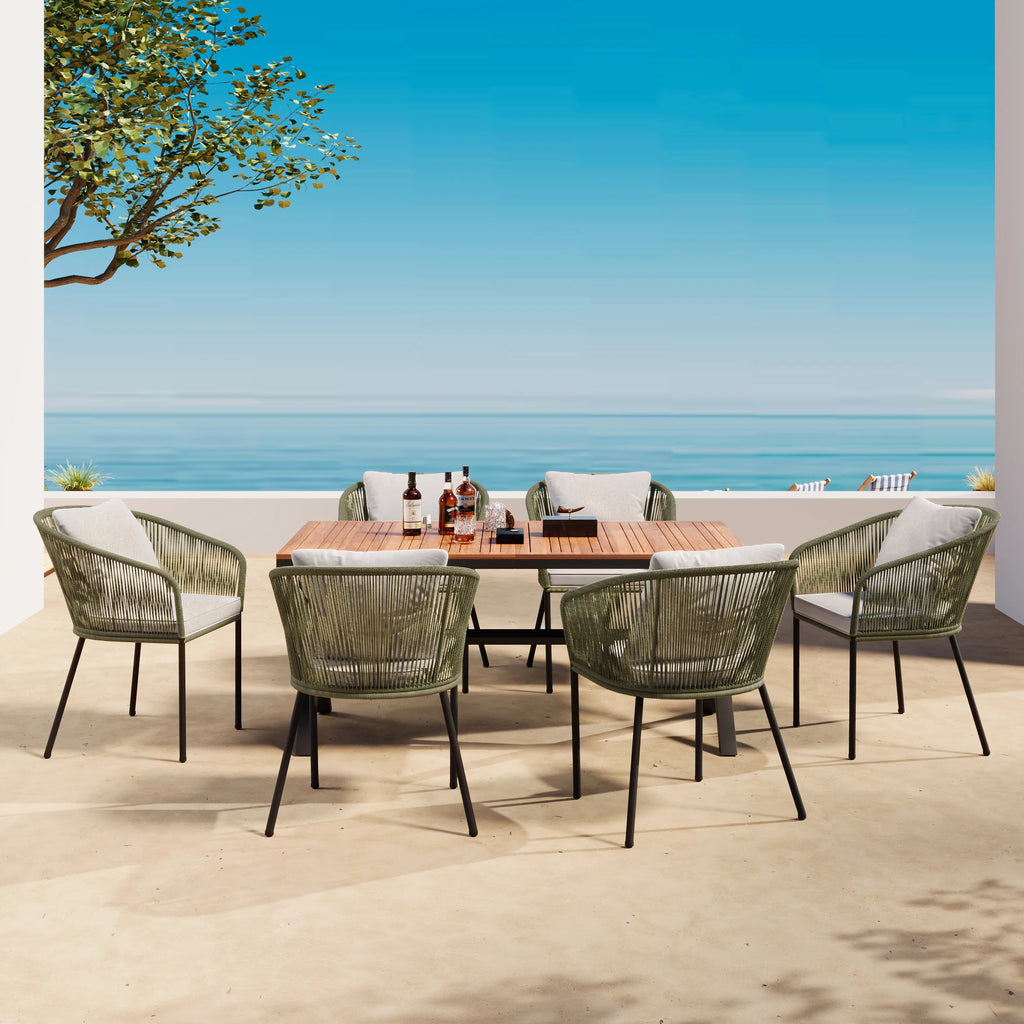7 Pieces Patio Dining Set, All-Weather Outdoor Furniture Set with Dining Table and Chairs, Acacia Wood Tabletop, Metal Frame, fo