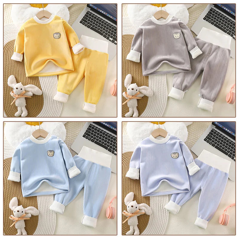 Children's Thermal Underwear Set Clothes Autumn Winter Baby Thickened Suit Boy Girl Plus Velvet Top Pants 2Pcs Outfits Clothing