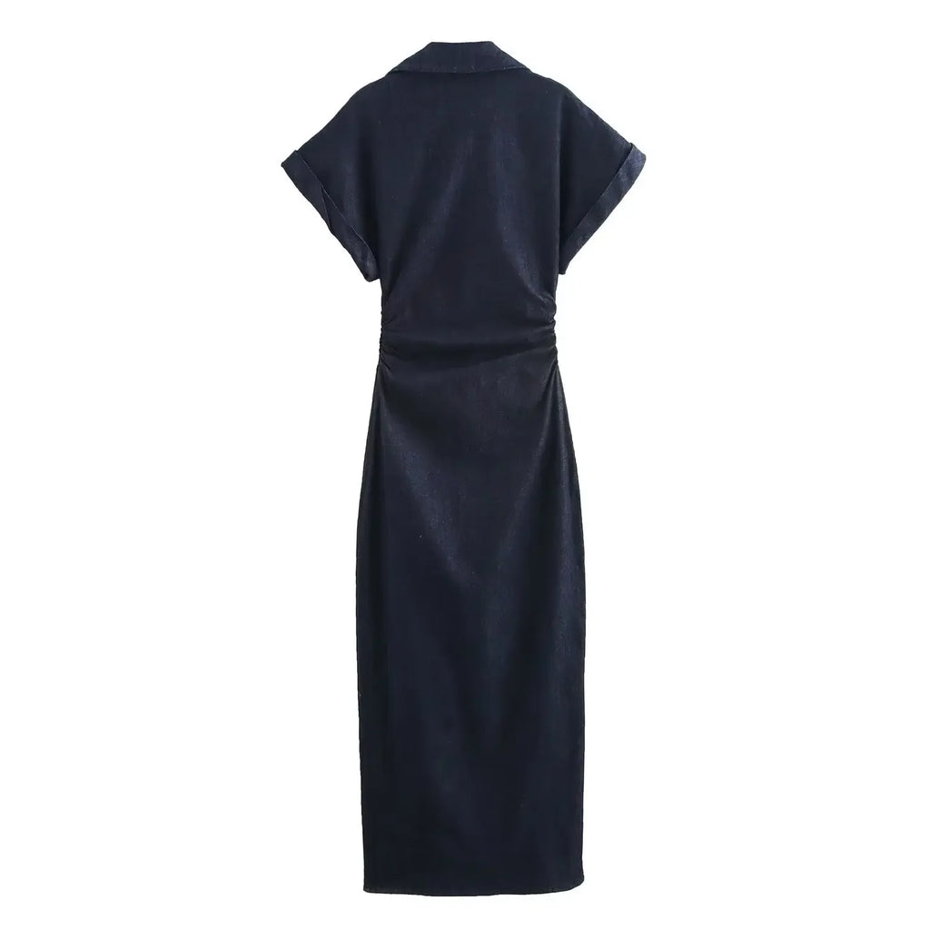 2025 traf Spring New 1975 series denim MIDI dress with lapel side zipper fashion wrinkle waist slim elegant dress