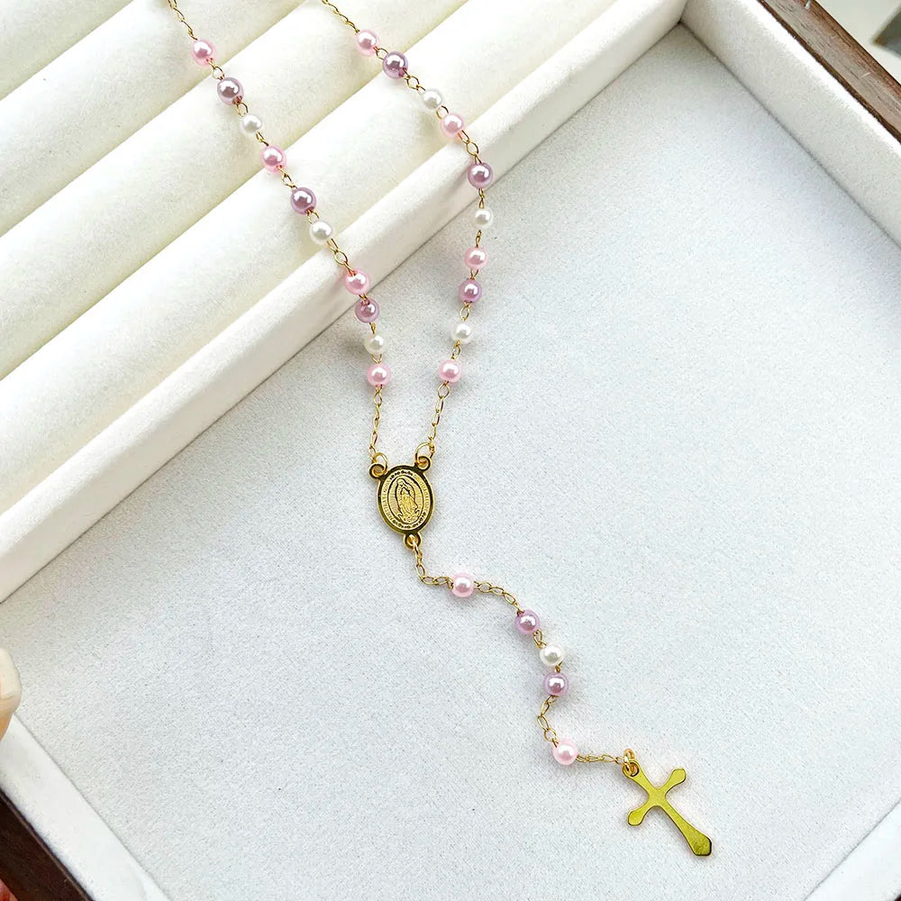 Y Shape Beads Chain Gold Color Stainless Steel Virgin Mary Cross Rosary Pendant Long Necklace Women Girls Jewelry Spiriti Pray