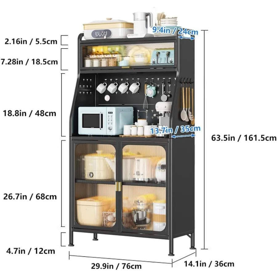 Bakers Rack with Storage Kitchen Storage Hutch Cabinet with Doors and Wheels Freestanding Microwave Stand with Adjustable Shelf