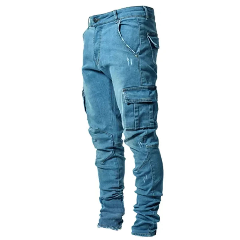 Mens Stretch Jeans Black Big Side Pockets Cargo Jeans Fashion Zipper Small Foot Denim Pants Elastic Jogging Trousers Streetwear