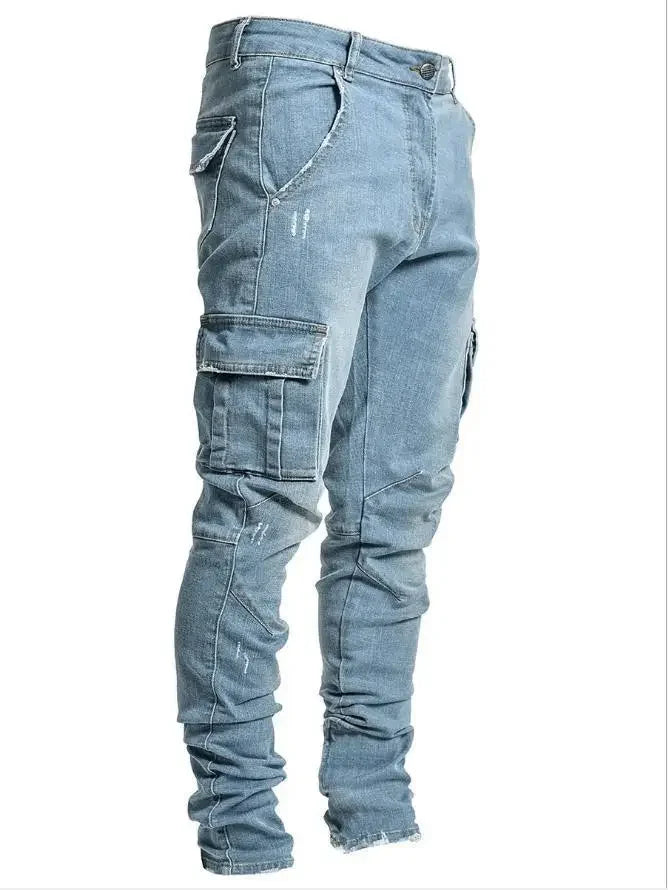 Mens Stretch Jeans Black Big Side Pockets Cargo Jeans Fashion Zipper Small Foot Denim Pants Elastic Jogging Trousers Streetwear