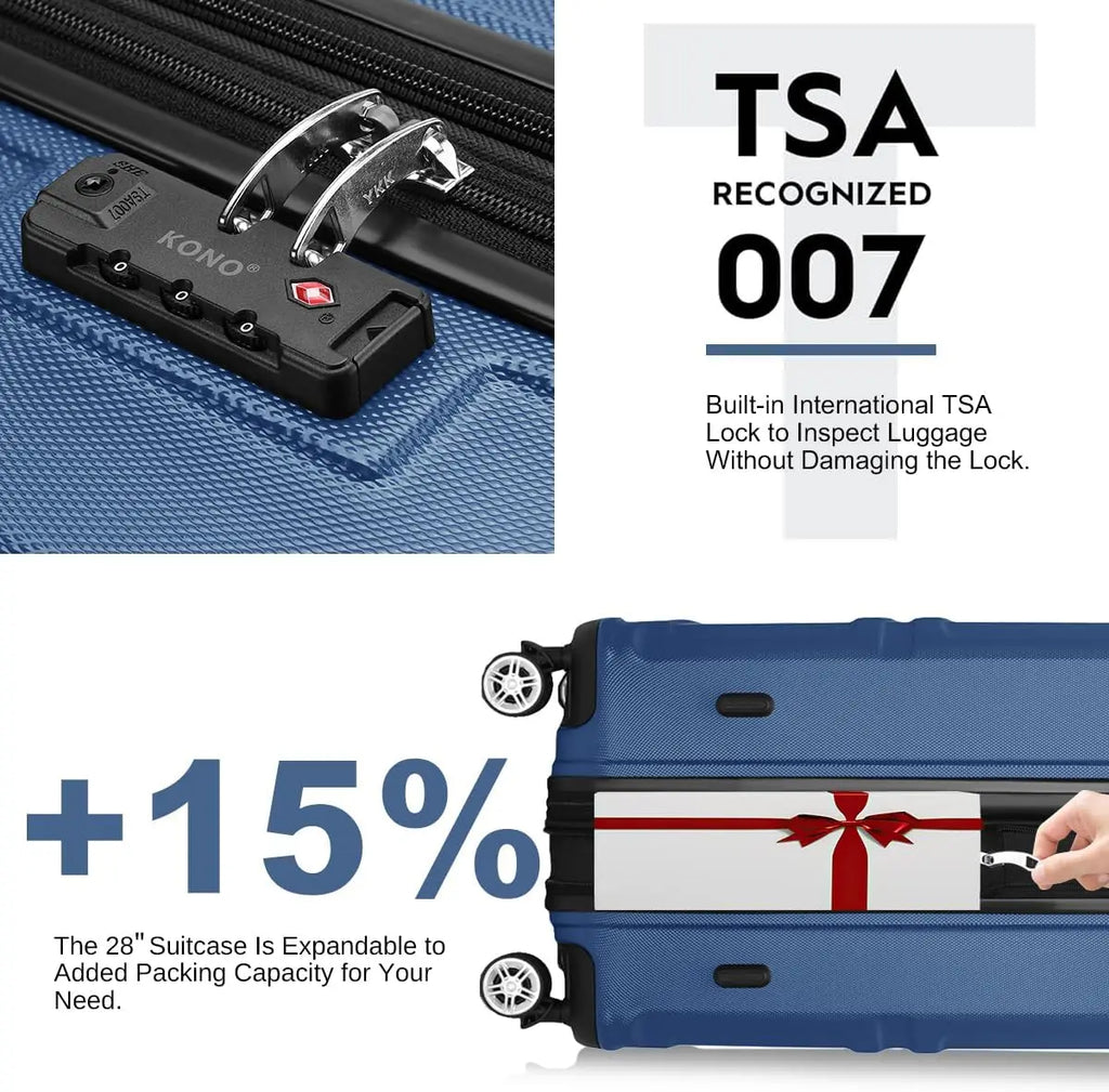 Kono 3 Piece Luggage Sets Expandable(only 28") Lightweight with Spinner Wheels TSA Lock Hardside Travel Rolling Suitcases