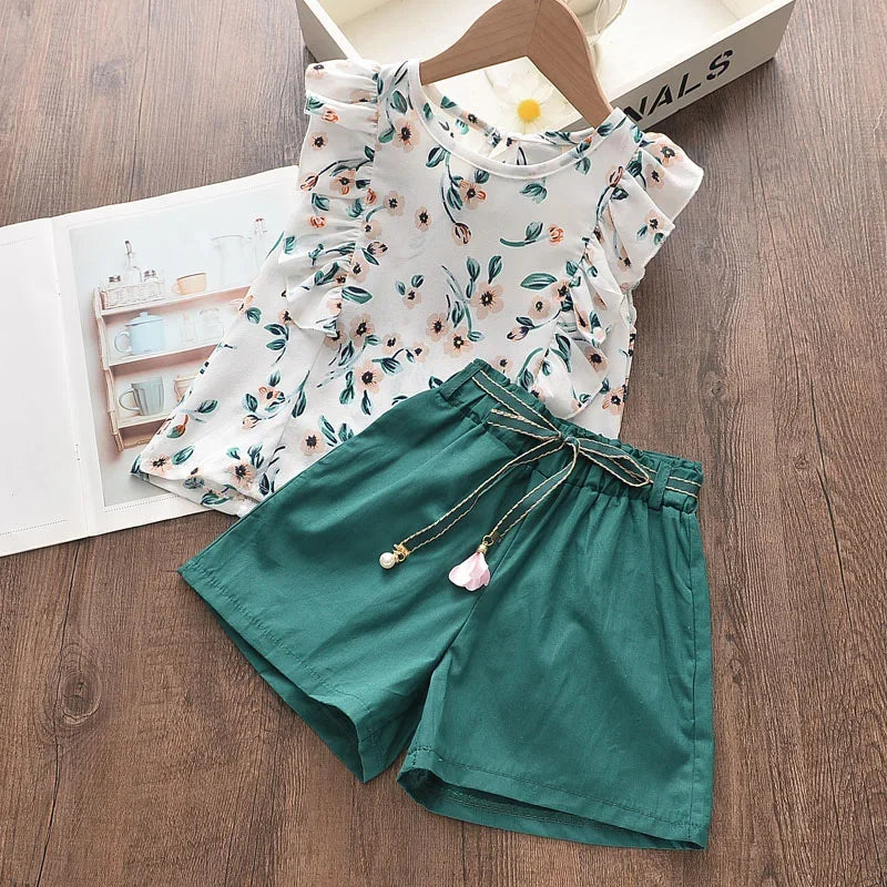 Kids Girl Clothes 2022 Fashion Sling Flower Bow Baby Girls Shirt + Stripe Shorts 2pcs Suit Children Clothing Sets