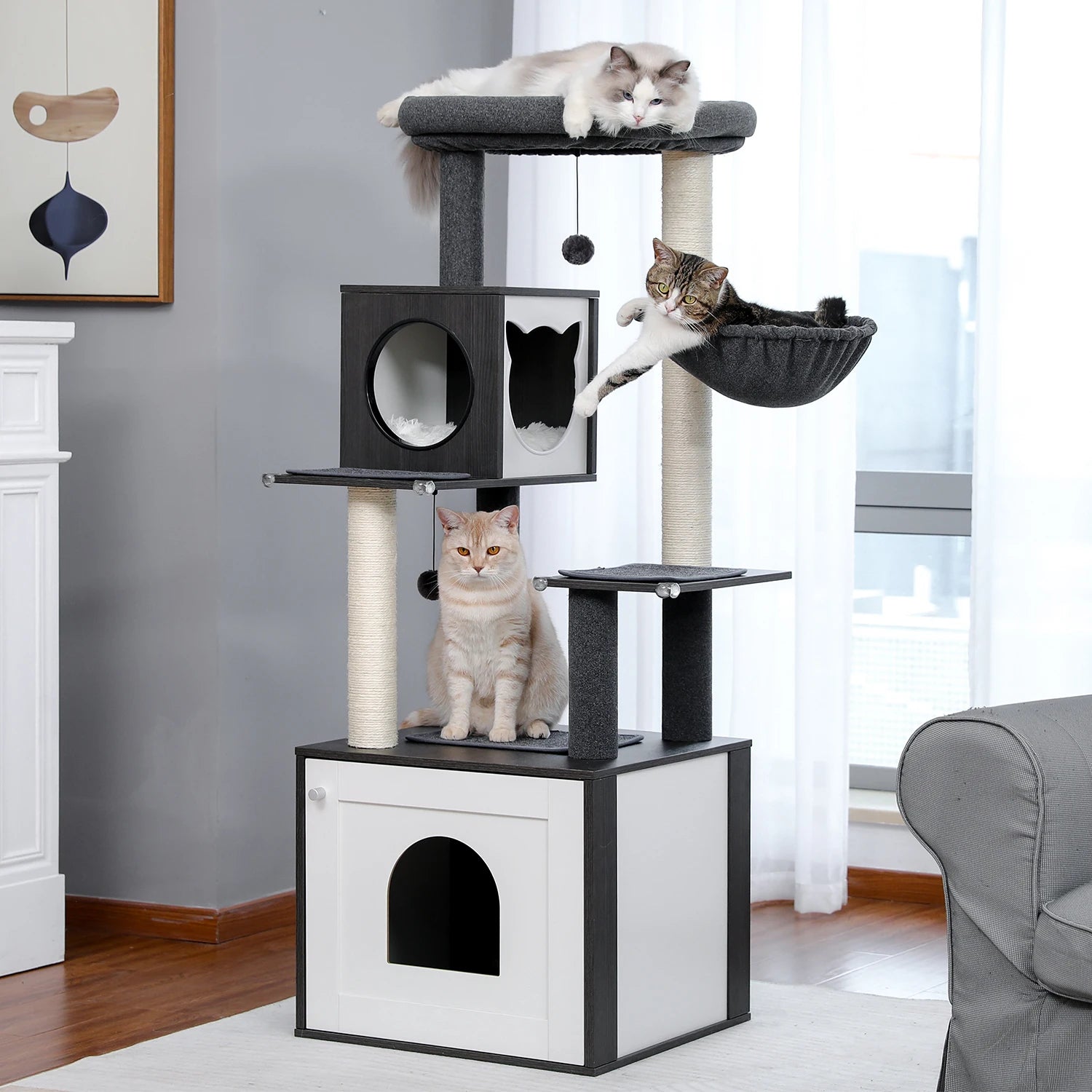 Multi-Level Cat Tree for Indoor Wood Cat Tower with Scratching Posts Spacious Condo Hammock Top Perch Cat Scratcher Cat Toys