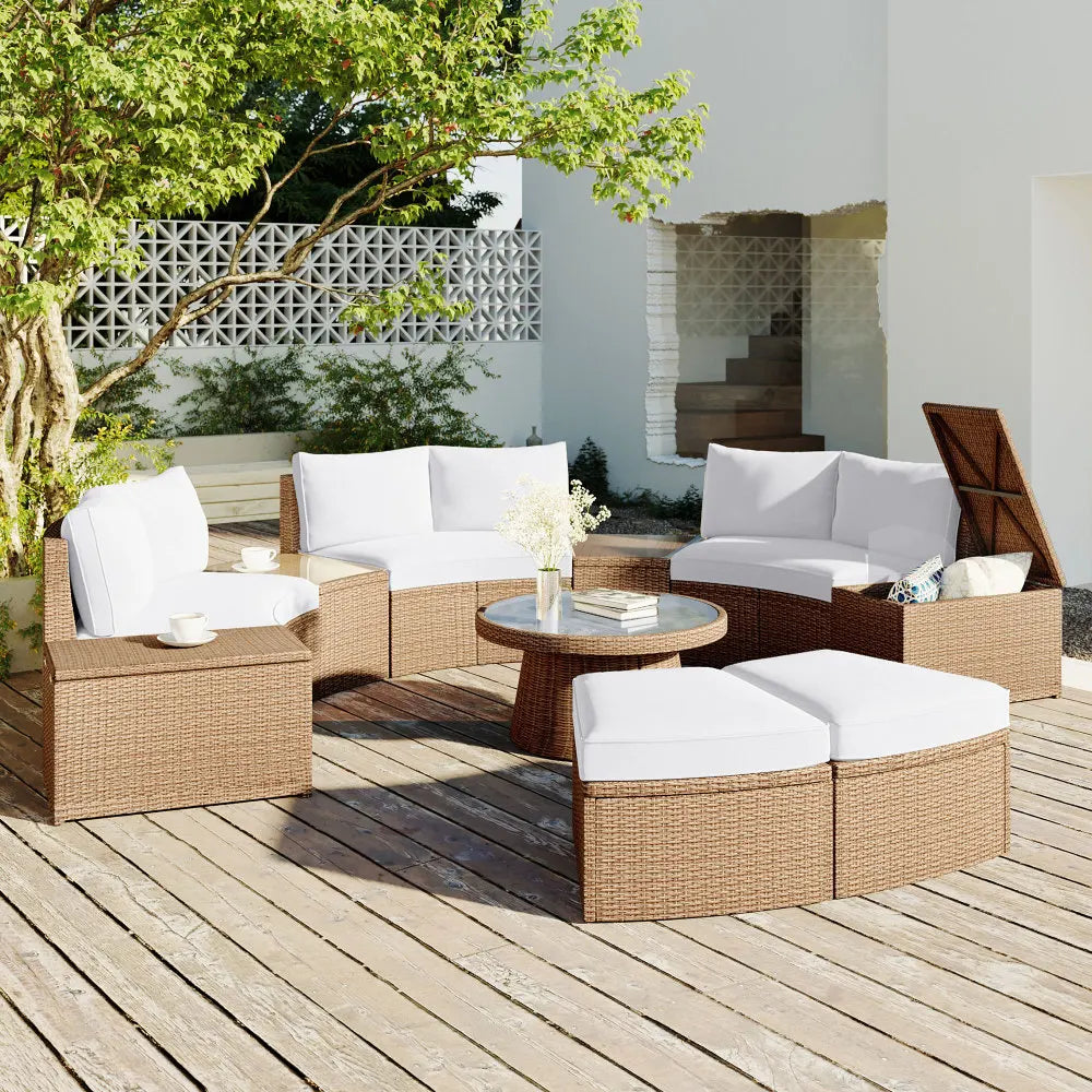 10-Piece Outdoor Sectional Half Round Patio Rattan Sofa Set, PE Wicker Conversation Furniture Set for Free Combination, White