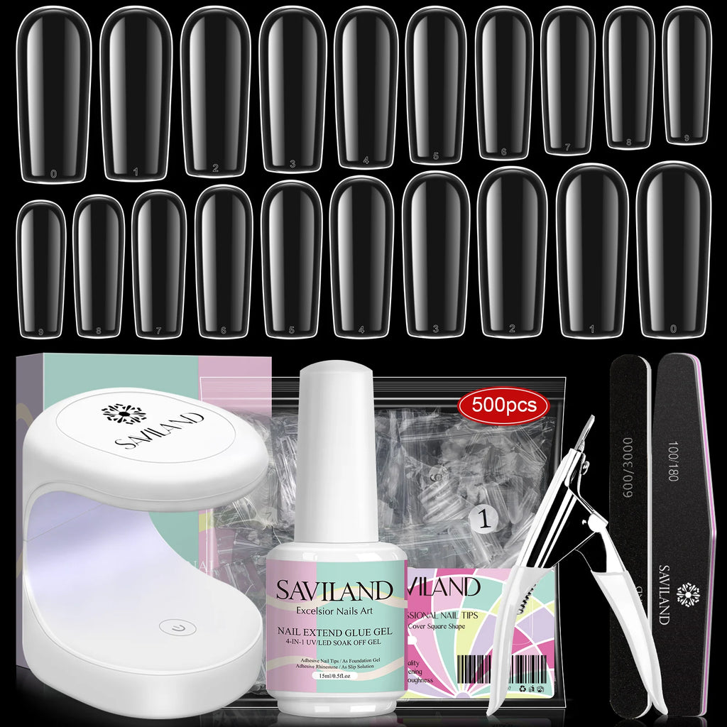 SAVILAND 500pcs Gel X Nail Kit For Extension Nail Tips Full Cover Press On Nails Sculpted Almond Coffin with UV LED Nail Lamp