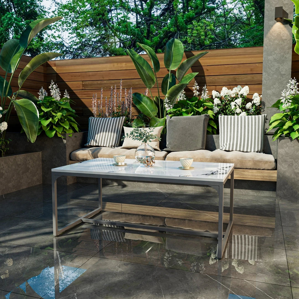 Modern Rectangular Coffee Table |Chic Sintered Stone Top|Black Aluminum Frame| Space-Saving Living Room & Bedroom Side Table