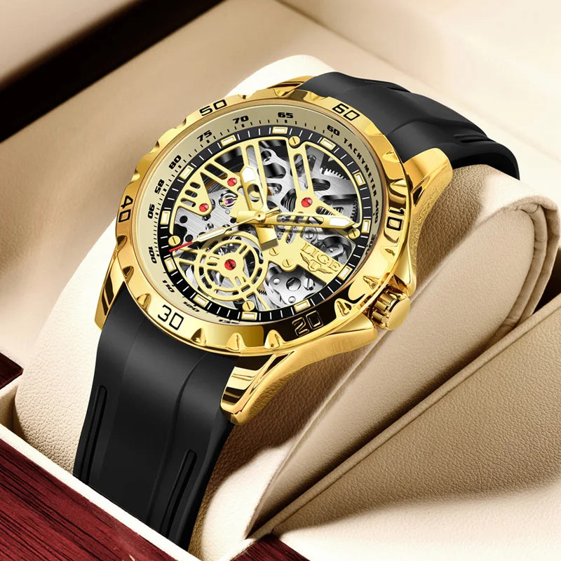 2025 New LIGE Top Brand Luxury Hollow Waterproof Tourbillon Mechanical Automatic Watch Men Silicone Skeleton Mens Watches + Box