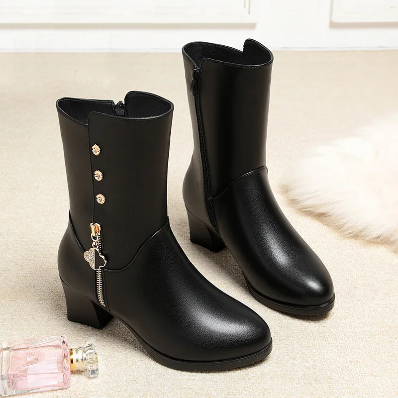 Winter Padded Cotton Shoes Women Plush Soft Leather Long Boot Warm High-heel Fur High Knee Riding Mid-heel Boots Comfortable