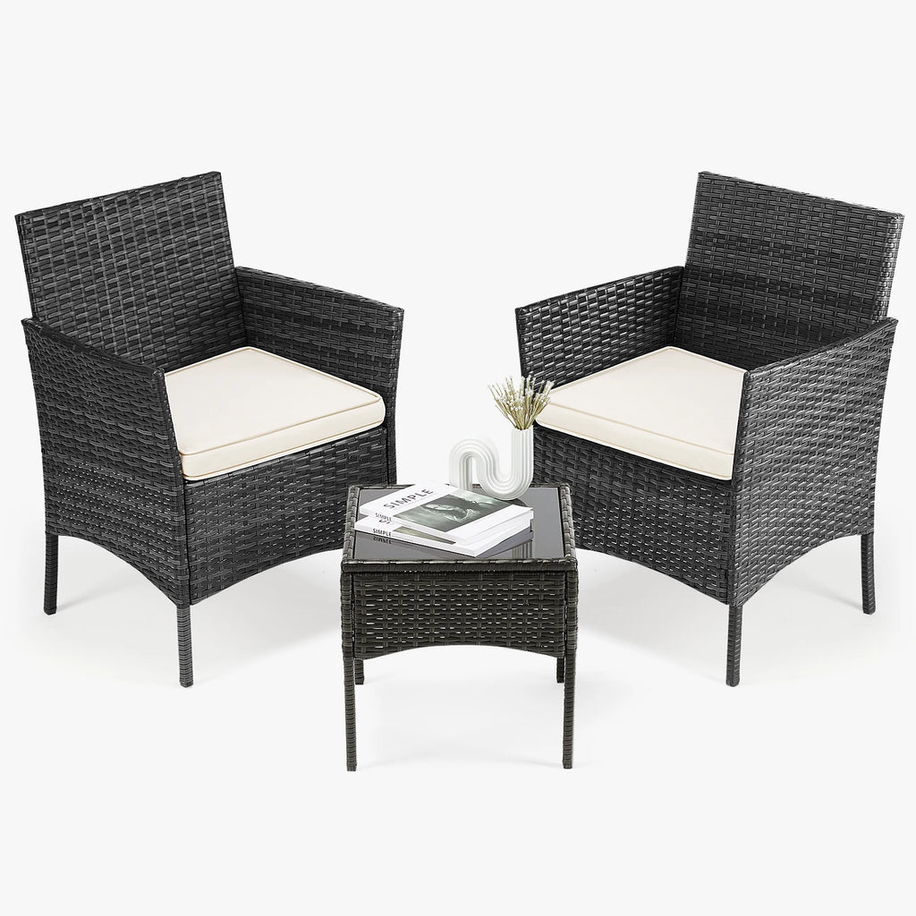 JHK Outdoor Patio Furniture Set 3 Pieces with Soft Cushion and Glass Table Manual Weaving Wicker Rattan Patio Chairs For Garden