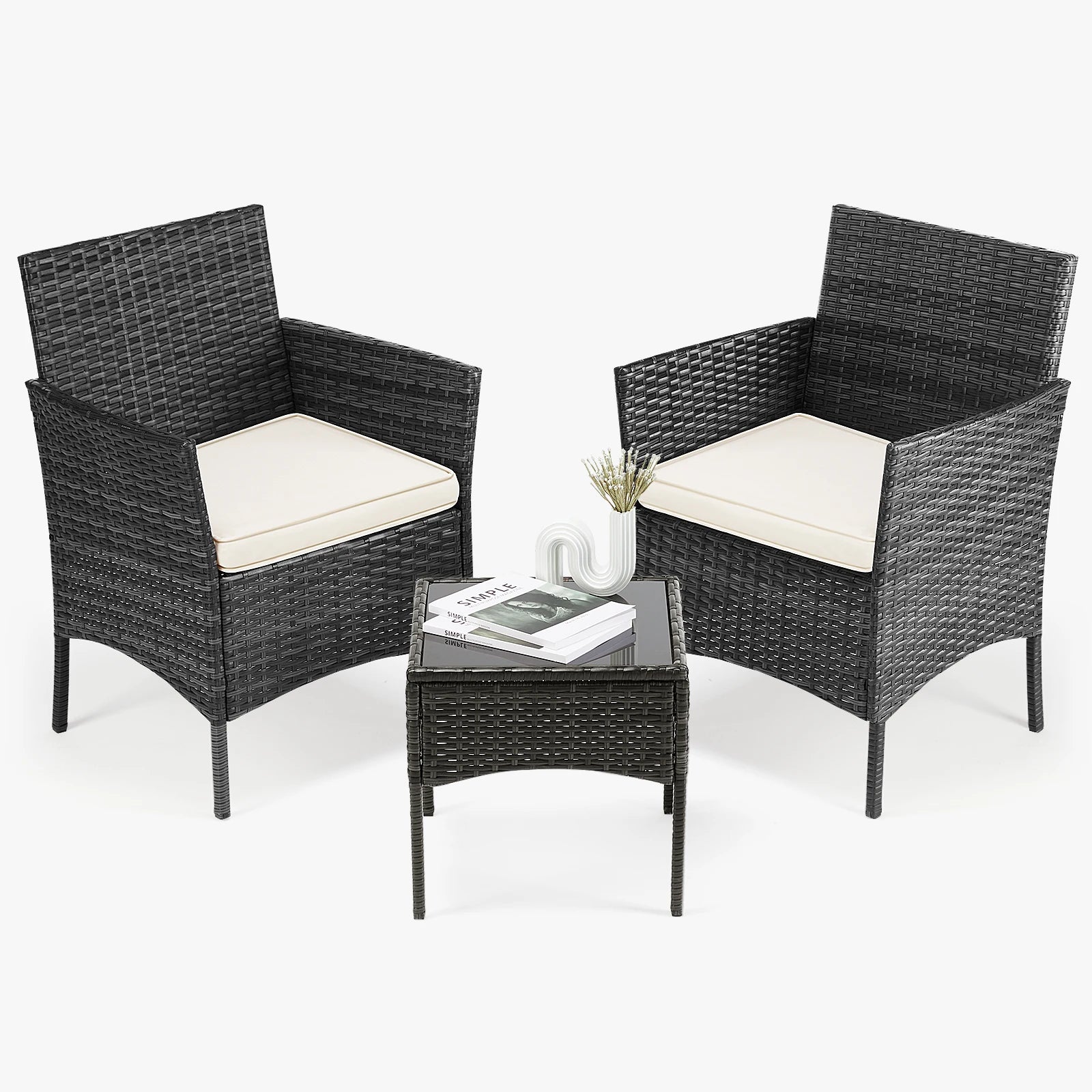 JHK Outdoor Patio Furniture Set 3 Pieces with Soft Cushion and Glass Table Manual Weaving Wicker Rattan Patio Chairs For Garden
