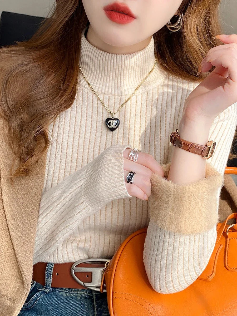 Sweater For Women Winter Thicken Turtleneck Slim Knit Pullover New Warm Plush Velvet Lined Knitwear Jumper Tops Casual Poleras