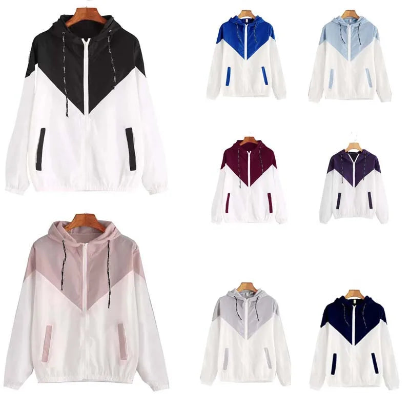 New Outdoor Jacket Coat Womens Long Sleeve Patchwork Thin Skin Suits Hooded Zip Stitching Outwear Coat Running Sport Jacket